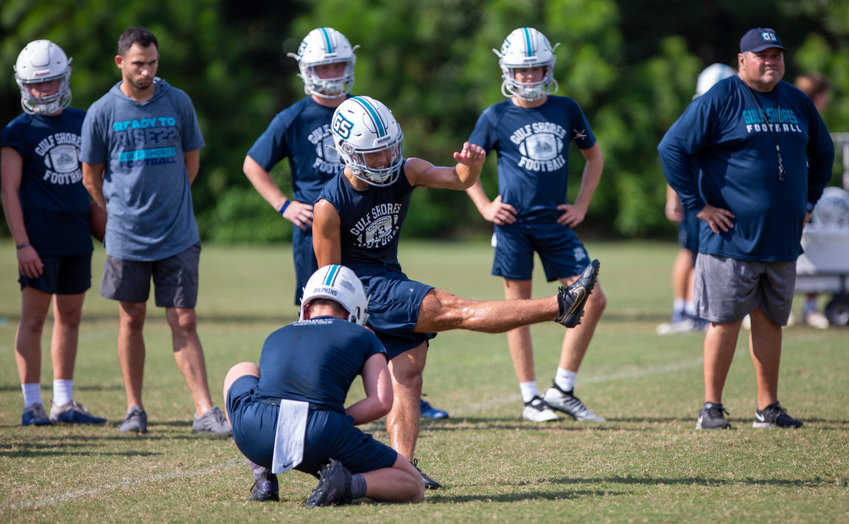 Gulf Shores&rsquo; Will Langston follows through on a field-goal attempt during practice Sept. 8, 2022, at the high school. The Dolphins&rsquo; rising senior was rated a 5-star kicker and 4.5-star punter by Chris Sailer Kicking this offseason.
