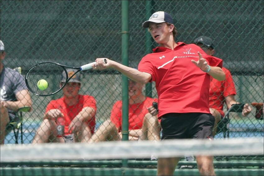 Spanish Fort senior Goodwin Holley in action at the Class 6A state championship tournament in Mobile Tuesday, April 25. Holley advanced to the No. 1 singles finals against Mountain Brook&rsquo;s Luke Schwefler and was set to play that match Friday in Montgomery.