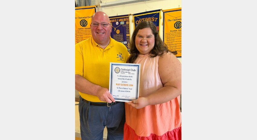 Daniel Randall, the past president of the Optimist Club of Perdido Bay, presented the 2023 Heart of Optimism Award to Mary Katherine Gunn, a recent graduate of Elberta High School. Gunn&rsquo;s next steps will come on the campus of the University of Alabama where she&rsquo;ll pursue a double major in art education and public relations on top of photographing Crimson Tide sports.