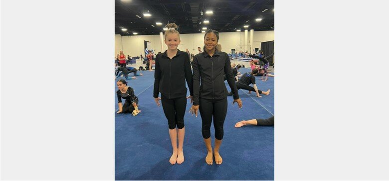(From left) Bryson Copeland and Makaila Miller are part of the Eastern Shore Gymnastics Academy's 2023 Xcel platinum team. Miller placed first on the balance beam at the Region 8 Xcel Regional Championship.