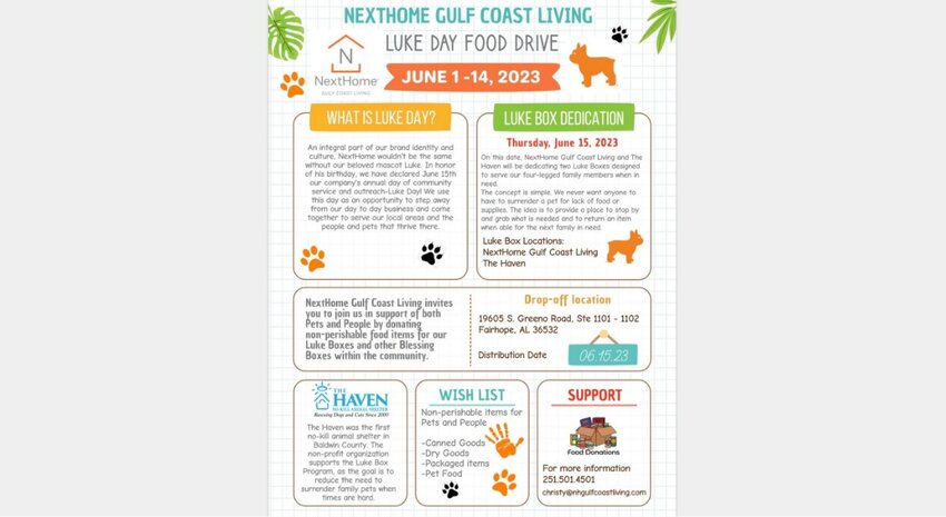 The next collaborative pet food drive hosted by NextHome Gulf Coast Living and The Haven is set for Luke Day, June 15, when two Luke Boxes will be dedicated to help serve four-legged family members when in need.