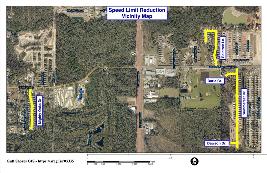 The City of Gulf Shores will be discussing the possibility of reducing the speed limit from 25 mph to 15 mph on the highlighted streets.