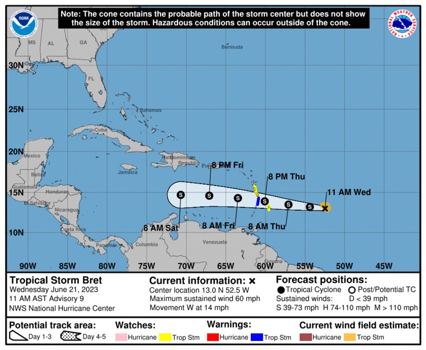 Tropical Storm Bret approaches the Caribbean islands on Wednesday.