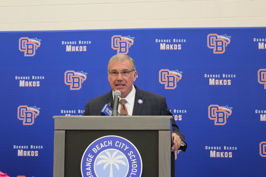 Orange Beach City Schools Superintendent Randy Wilkes addresses media and the crowd Tuesday, June 27, at the Orange Beach Board of Education.