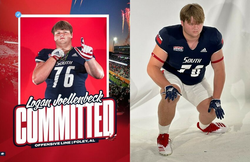 Foley rising senior Logan Joellenbeck announced his commitment to the South Alabama Jaguars on Saturday as part of seven pledges to the program from the weekend. The Lions&rsquo; 6-foot-6, 330-pound all-state lineman previously made a visit to the South Alabama Junior Day on March 19.