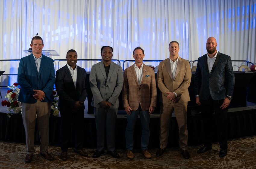 The Senior Bowl welcomed its newest Hall of Fame class on Sunday, June 25, at The Grand Hotel Golf Club &amp; Spa in Point Clear. Pictured from the left are Marshal Yanda, Brian Westbrook, Chris Johnson, Senior Bowl Executive Director Jim Nagy, Clay Matthews and Lane Johnson.