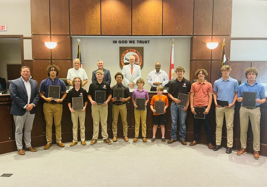 The Bay Minette 14U All-Star State Championship Team was recognized at the July 17 meeting of the Bay Minette City Council. Team members include Brody Moon, Swayden Byrd, Gunner Smith, Lane Milstead, Traegan James, Paul Norris, Cody Gardner, Roan Wallace, Jerry Sellers, Talon Barcenas and Hayden Owens. Coaches included Pete Sellers, Shane Sirmans and Joey Norris. Cooper Gardner served as the bat boy.