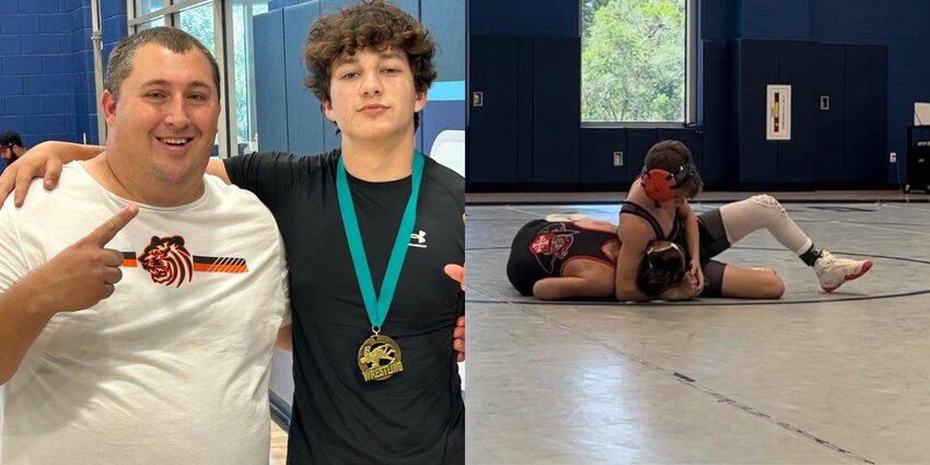 Baldwin County wrestlers took home victories from the Gulf Coast Wrestling Officials Association&rsquo;s tournament held in Gulf Shores. At left, head coach Jared Huffmaster poses with the 165-pound junior varsity champion Caleb Aaron. At right, Gabe Brown wrestles in the 103-pound junior varsity division.