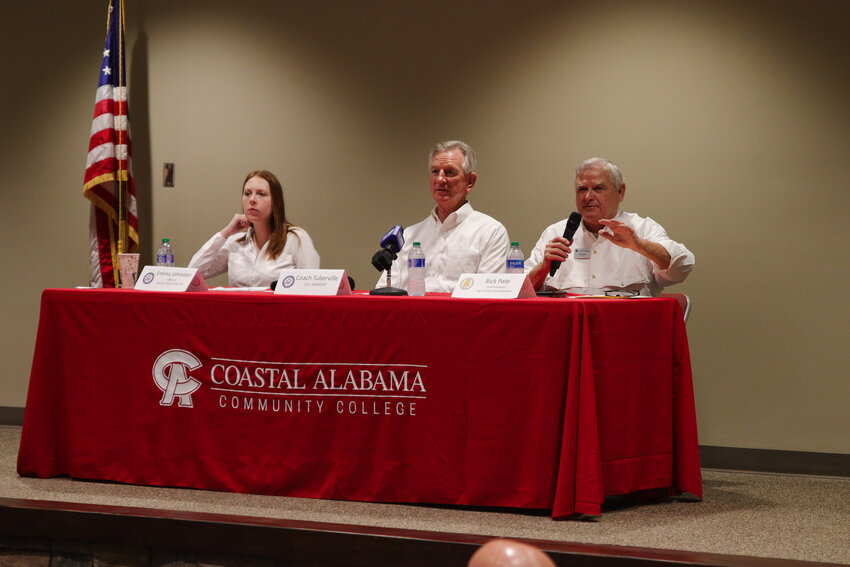 Commissioner Rick Pate and Senator Coach Tommy Tuberville, along with Emma Johnston from Senator Tuberville's office, gathered at Coastal Alabama Community College to invite citizens of Bay Minette to share their thoughts and concerns on the impending farm bill on August 1.