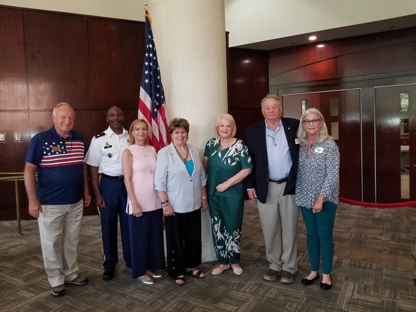Pictured left to right: Pensacola MOAA Chapter President - CAPT Ken Pyle (USN, Ret), South Alabama MOAA Chapter President - LTC Marcus Young, Army National Guard, National MOAA - CAPT Erin Stone (USN, Ret), National MOAA Guest Speaker Gail Joyce, Sandy Pyle, Baldwin County MOAA Chapter President - COL Sid Vogel (Army, Ret) and Wendy Vogel