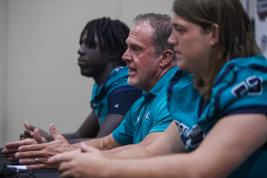 Gulf Shores head football coach Mark Hudspeth replies to a question during the second-annual Gulf Coast Media Day hosted at the Orange Beach Event Center on July 27. When the ASWA released its preseason rankings on Wednesday, the Dolphins checked in as Class 5A&rsquo;s ninth-ranked team.