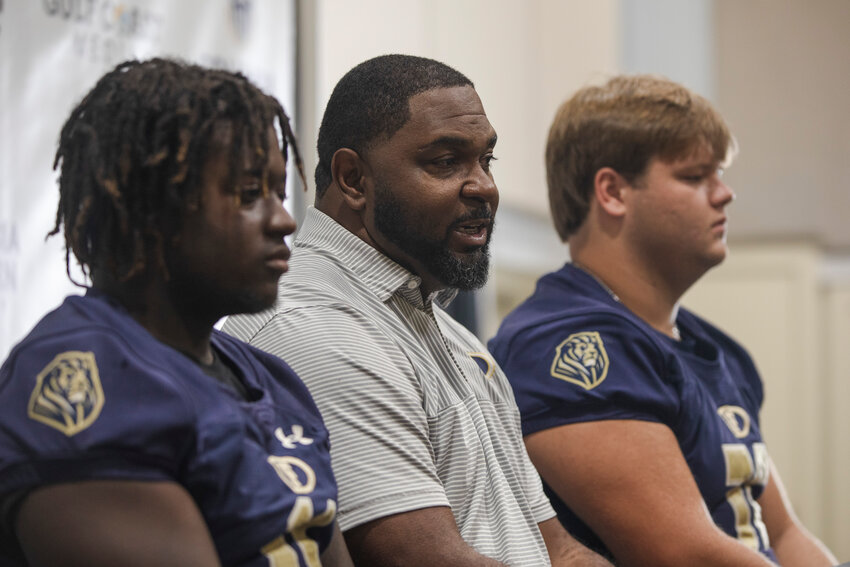 Foley head coach Deric Scott responds to a question during the second-annual Gulf Coast Media Day in Orange Beach on July 27 where local teams previewed their upcoming seasons. After the Lions won their first region title in 15 years last season, Scott said the goal is a repeat or bust.