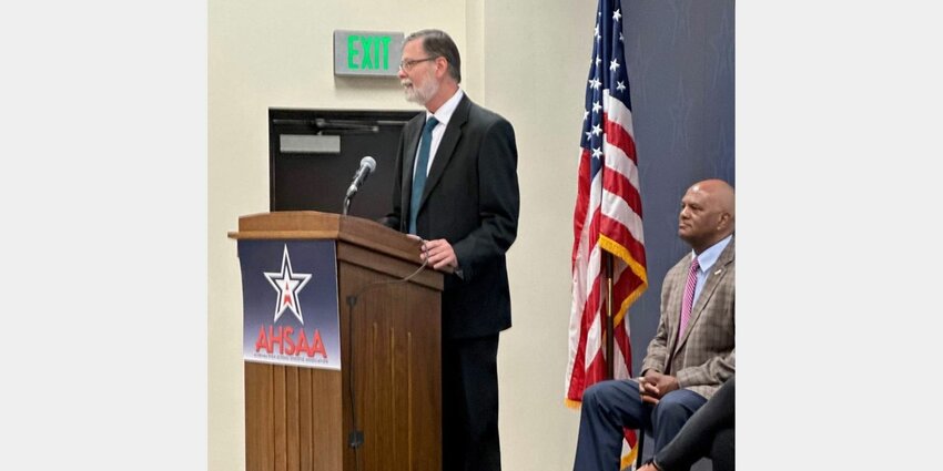 Alabama Public Television Public Information Director Mike McKenzie addresses the media and schools at Tuesday&rsquo;s AHSAA Kickoff Classic in Montgomery. Once again, the football and basketball state championships will be broadcast via APT.