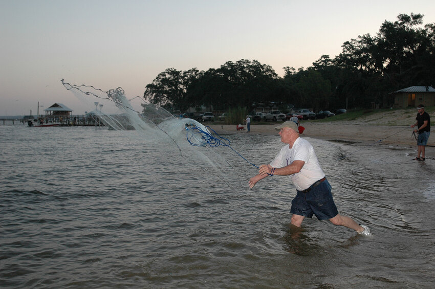 Dr. John Borom casts his net during a shrimp jubilee on the Eastern Shore.