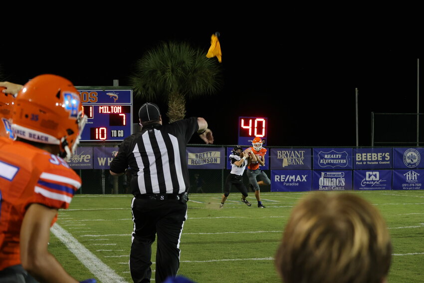 Orange Beach wide receiver Grant Bilbo fights for a jump ball in the end zone in the final minutes of Friday's season-opening game against the Milton Panthers at the Orange Beach Sportsplex. However, an official flagged Bilbo for offensive pass interference and barred the Makos' last-second attempt.