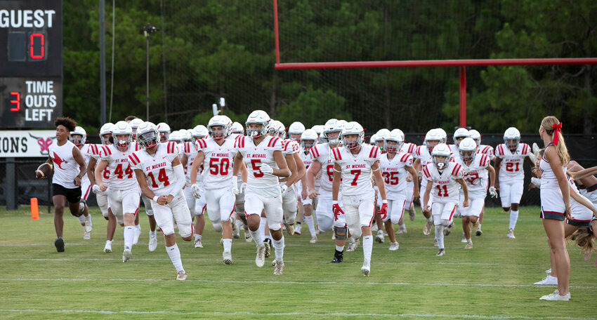 The St. Michael Catholic Cardinals take the field for their preseason jamboree against the Spanish Fort Toros on the road Thursday, Aug. 17. St. Michael returns home this week to take on Bayside Academy in the teams&rsquo; Class 4A Region 1 opener.