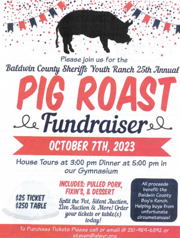 This event, organized to support the Baldwin County Boys Ranch, will feature house tours starting at 3 p.m. followed by a dinner beginning at 5 p.m. For $25, attendees can eat a dinner spread featuring pulled pork, an array of sides and desserts. Those looking to share the evening with friends and family can reserve a table for $250.
