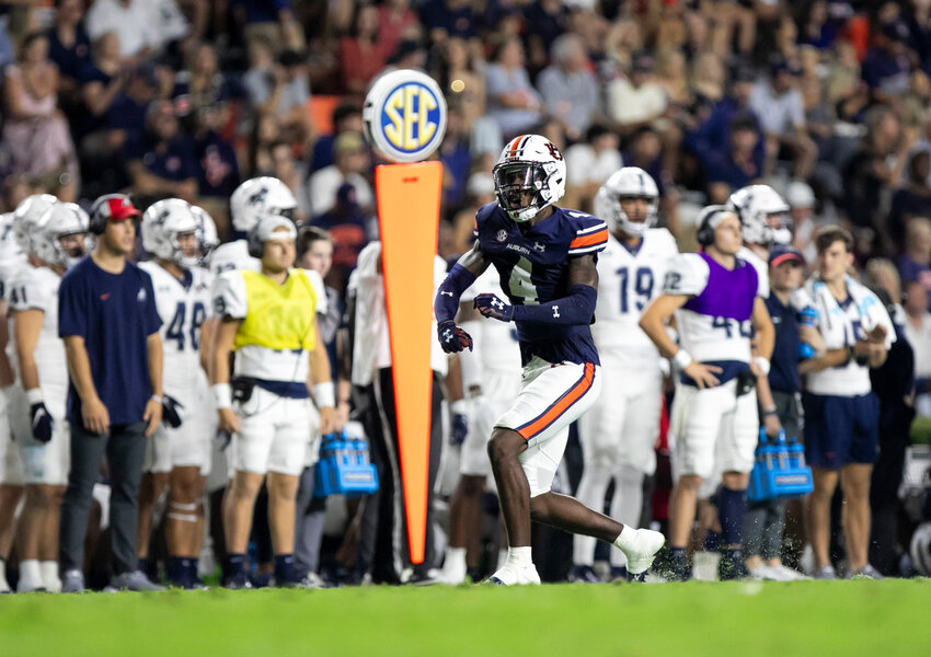 Spanish Fort alum DJ James celebrates a tackle for loss during the Auburn Tigers&rsquo; homecoming game against the Samford Bulldogs on Pat Dye Field at Jordan-Hare Stadium on Saturday, Sept. 16. He was joined in representing Baldwin County by Samford&rsquo;s Midnight Steward and Forrest Taylor.