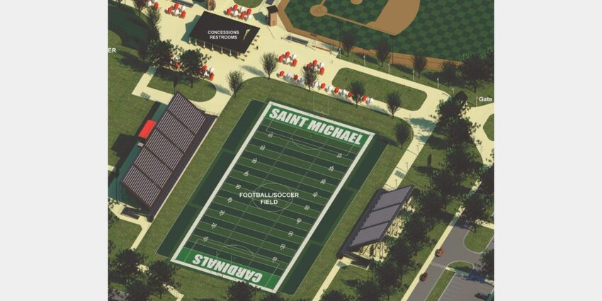 A rendering shows the new plan for the football and soccer stadium at St. Michael Catholic School in Fairhope thanks to anonymous donors. When ground broke on construction in June, the plan was to only install the field and lighting, but the new gifts will now cover stands for the hosts and visitors, bathrooms and a concession stand.