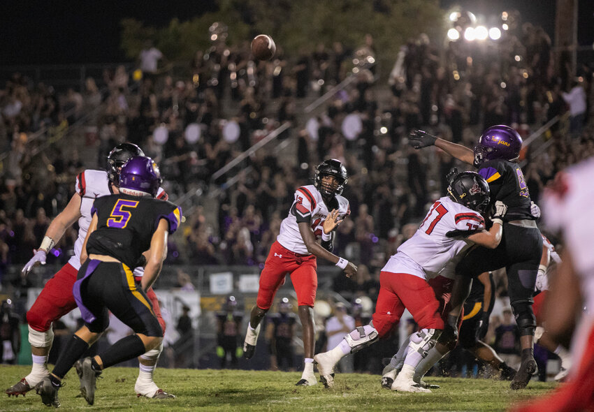 Spanish Fort&rsquo;s Aaden Shamburger fires a pass during the Toros&rsquo; non-region rivalry game against the Daphne Trojans at Jubilee Stadium on Sept. 29, 2023. Shamburger and Spanish Fort are set to host this year&rsquo;s matchup between the 4-1 Toros and 3-2 Trojans where Spanish Fort will be searching for its fourth-straight win in the series.