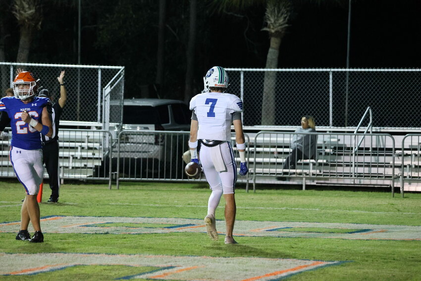 Bayside Academy senior Tait Moore takes in the scene at the Orange Beach Sportsplex after one of his two touchdown catches helped the Admirals take down the Makos 35-14 on Friday, Oct. 13.