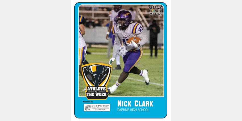 While he racked up 22 carries for 156 rushing yards Friday night in rivalry action against Fairhope, Daphne senior Nick Clark's 8 carries on the final 11 plays from scrimmage helped seal a 16-13 win on the road. That performance also won over Gulf Coast Media readers who selected the all-state Trojan as the Week 8 winner of the Seacrest Furniture Athlete of the Week.