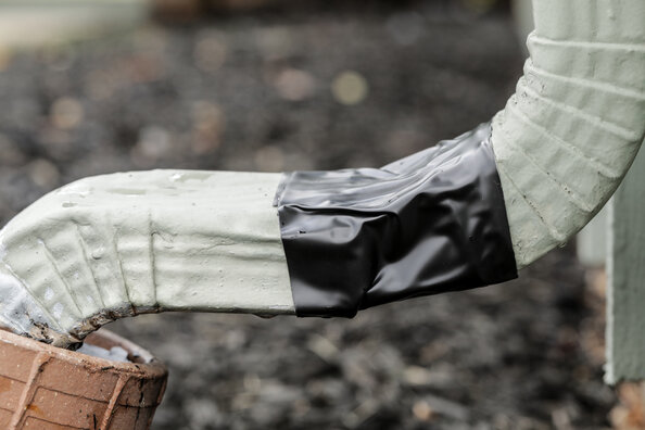 Put on heavy-duty work gloves and remove debris near the downspout and work your way to the other end. As you clear away the leaves, easily repair broken or cracked pipes with strong T-Rex Tape. Unlike ordinary duct tapes, this strong tape is built with intense holding power for long-lasting repairs, and its aggressive double-thick adhesive ensures it sticks to rough, dirty surfaces through all weather types and temperatures.