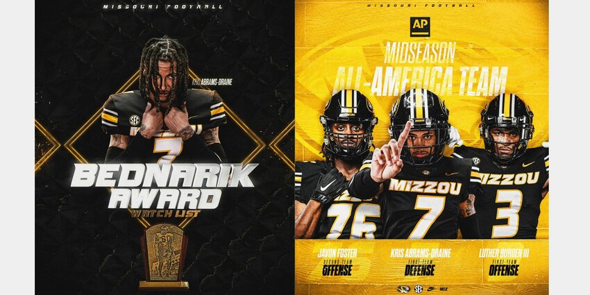 Spanish Fort alum Kris Abrams-Draine represented the Missouri Tigers as a midseason addition to the Chuck Bednairk Award watch list on Thursday, Oct. 19. That followed a first-team selection on the Associated Press midseason All-America team on Wednesday, Oct. 18, where fellow Tigers Javon Foster and Luther Burden III joined him.