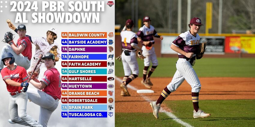 The second-annual South Alabama Showdown will be hosted by Prep Baseball Report at the Sportsplexes in Gulf Shores and Orange Beach as well as Robertsdale High School from Feb. 22-24, 2024, where 12 playoff-contending programs will converge on the Gulf Coast. At right, Robertsdale&rsquo;s Andrew McDaniel takes the mound against Fairhope on Feb. 25 during the Golden Bears&rsquo; doubleheader as part of the inaugural South Alabama Showdown.