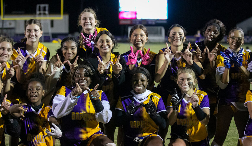 The Daphne Trojans celebrate their 13-7 win over the Alma-Bryant Hurricanes on Trojan Field at Jubilee Stadium Monday night, Oct. 30, in the Area 1-2 Championship. In its inaugural season, Daphne punched its ticket to state as one of eight teams remaining following the first round of the playoffs.