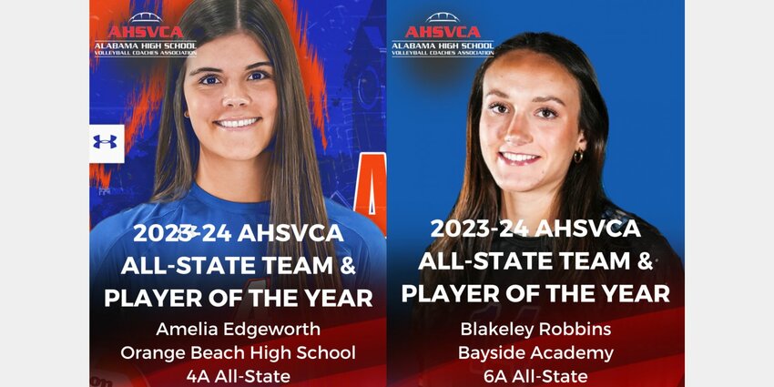 Orange Beach&rsquo;s Amelia Edgeworth and Bayside Academy&rsquo;s Blakeley Robbins were recognized by the Alabama High School Volleyball Coaches Association as their respective classification&rsquo;s player of the year. Edgeworth helped the Makos to their second straight Class 4A Area 1 title and Robbins, a Montevallo commit, was part of the Admirals&rsquo; run to the Class 6A state semifinals.