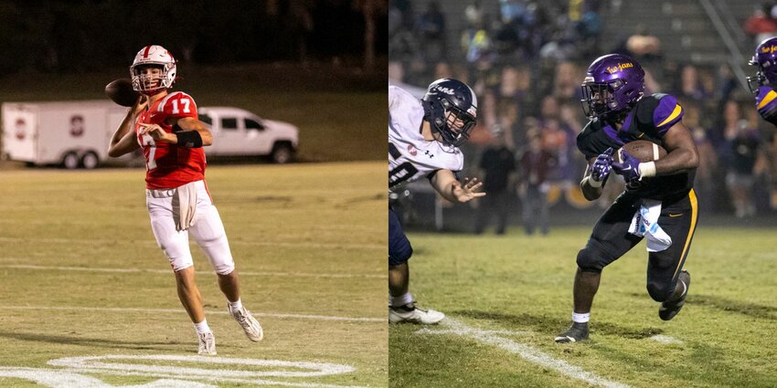 St. Michael freshman quarterback Gunner Rivers and Daphne senior running back Nick Clark had standout seasons come to an end in the first round of the AHSAA State Playoffs Friday night on the road. Rivers finished with 3,077 passing yards on 229 completions and Clark recorded his second straight thousand-yard season on the ground with 1,125 rushing yards on 154 carries. Pictured at left, Rivers loads a throw during the Cardinals&rsquo; Class 4A Region 1 game against Satsuma at home on Sept. 21, and pictured at right is Clark on a carry during the Trojans&rsquo; Class 7A Region 1 game against Foley at home on Oct. 27.