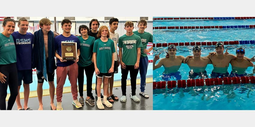 Boys’ teams from Gulf Shores and Spanish Fort took the top spot in their respective classification’s team competition at the South Sectional Championships on Nov. 18 and advanced a host of athletes to the state meet this weekend in Auburn. Pictured on the left are the Dolphins with their sectional championship trophy and pictured on the right is Spanish Fort’s 100-yard free relay team of Ian Poole, Owen Poole, Noah Greene and Hayden Odam who finished first in the event.
