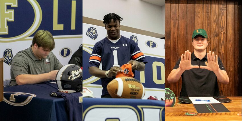 Logan Joellenbeck, Perry Thompson and Cole McConthy were among 13 Baldwin County athletes who signed with college programs on Wednesday, Dec. 20, to open football&rsquo;s early signing period. Foley lineman Joellenbeck cemented his pledge to South Alabama, Lion receiver Thompson landed on the Auburn Tigers and Spanish Fort defensive end is taking his talents to Miami.
