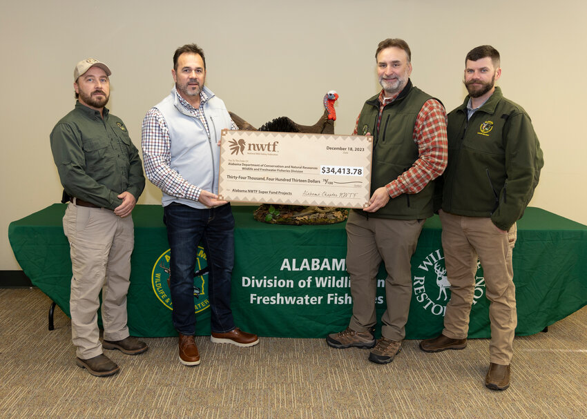 The Alabama Chapter of the National Wild Turkey Federation (NWTF) has designated approximately $184,000 in Hunting Heritage Super Funds and Tag Funds for wild turkey conservation projects across the state. Pictured from left to right are Steven Mitchell, Supervising Wildlife Biologist; Scott Brandon, NWTF Chapter President; Chuck Sykes, Director, Wildlife and Freshwater Fisheries; Seth Madox, Assistant Chief, Wildlife Section.