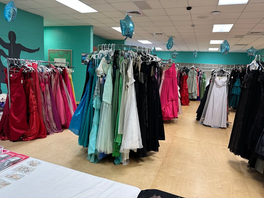 Dresses set up at the Project Prom event in 2023.