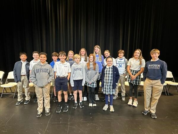 Bayside Academy&rsquo;s 2024 Spelling Bee contestants pictured left to right. In the front row: Nizar Morrar, Nicholas Goleash, Griffin Jacobs, Annabel Kimbrell and Sarah Kell. In the back row: Jeremy Ou, William Roberts, David Green, Mary Kathryn Jacobs, Abby DiMatteo, Natalie Johnson, Anne Riley Williams, Bennett Lieb, Mary Helen Williams and Fenn Schlesinger.