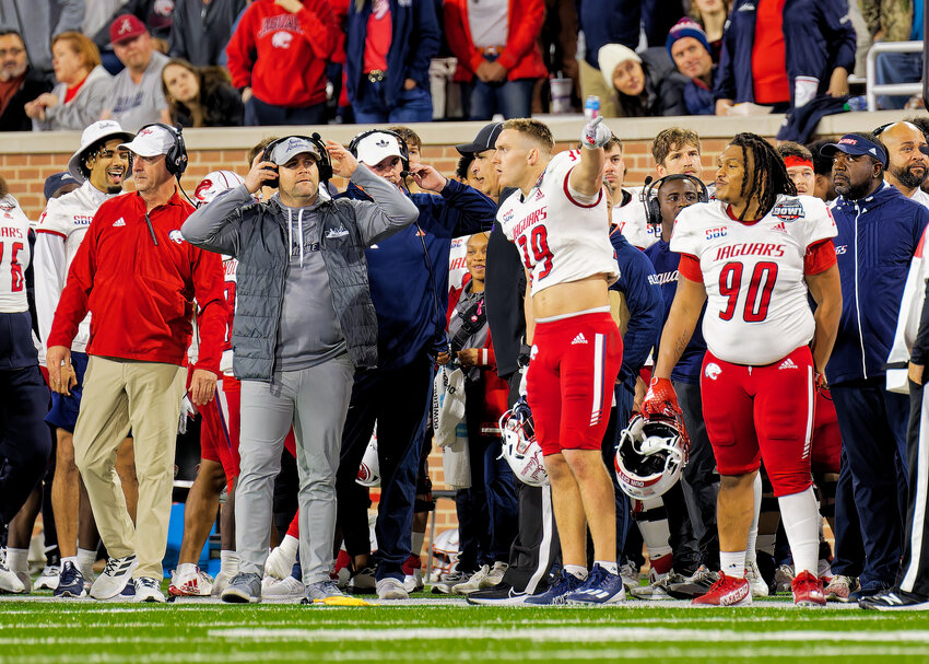 South Alabama head football coach Kane Wommack awaits a penalty call during the 68 Ventures Bowl at Hancock Whitney Stadium on Dec. 23, 2023. After a 22-16 record in three seasons at the helm of the Jaguars, Wommack announced Tuesday he accepted the defensive coordinator position at the University of Alabama.
