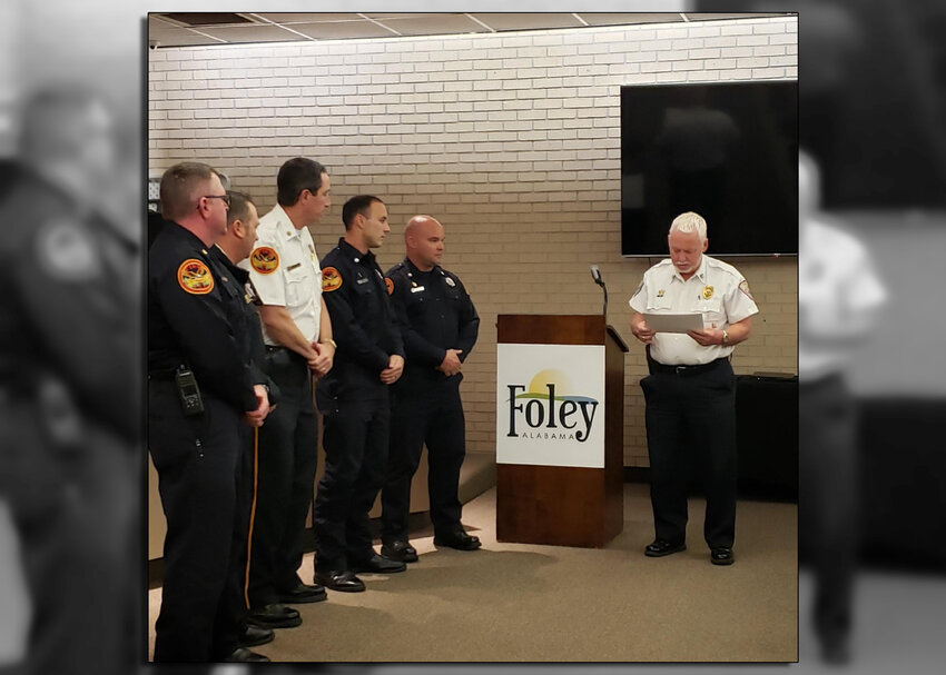 Foley firefighters David Snyder and Lee Taylor received the Director&rsquo;s Award from the city of Foley after completing the Alabama Fire College smoke divers training course in 2023.