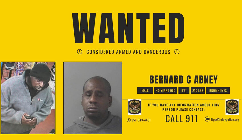 Bernard Christopher Abney, a 40-year-old individual from Mobile, has been identified as the suspect of a stabbing that occurred in Foley on Jan. 17. Abney is considered dangerous with a history of weapons and violence. Individuals with information related to the incident are encouraged to contact the Foley Police Department at (251) 943-4431.