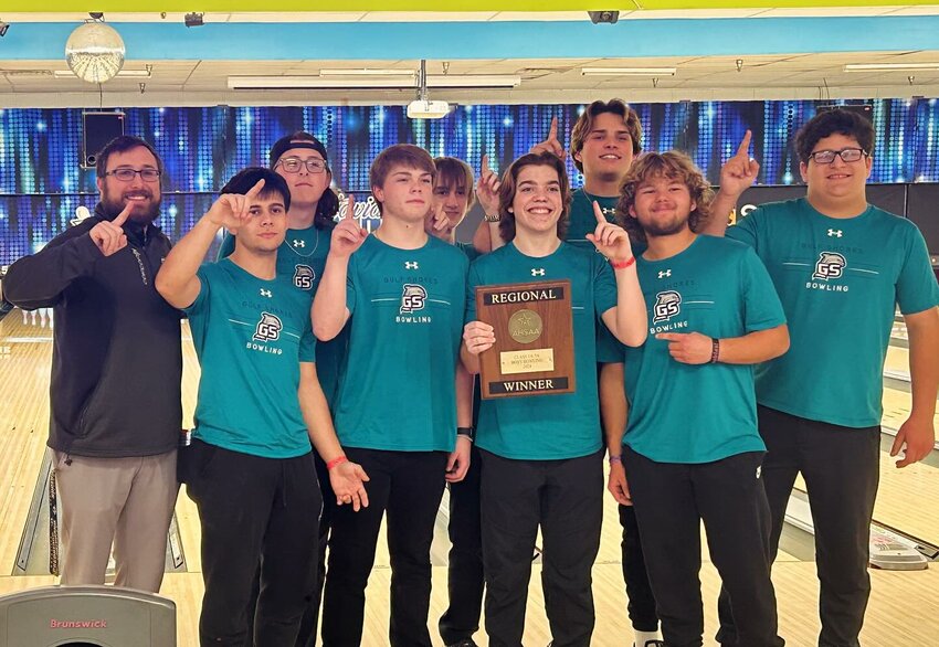 The Gulf Shores Dolphins pose with the South Regional Champion plaque after a 4-2 win over the Elberta Warriors on Friday, Jan. 19, at Vestavia Bowl as part of the ASHAA Bowling Championships. Both Gulf Shores and Elberta advanced to the Class 1A-5A state tournament set for Feb. 1-2 at Mobile&rsquo;s Bowlero Center. Three Dolphin bowlers logged top-10 finishes individually, led by Rylan Stefankiewicz&rsquo;s score of 588 for third place.
