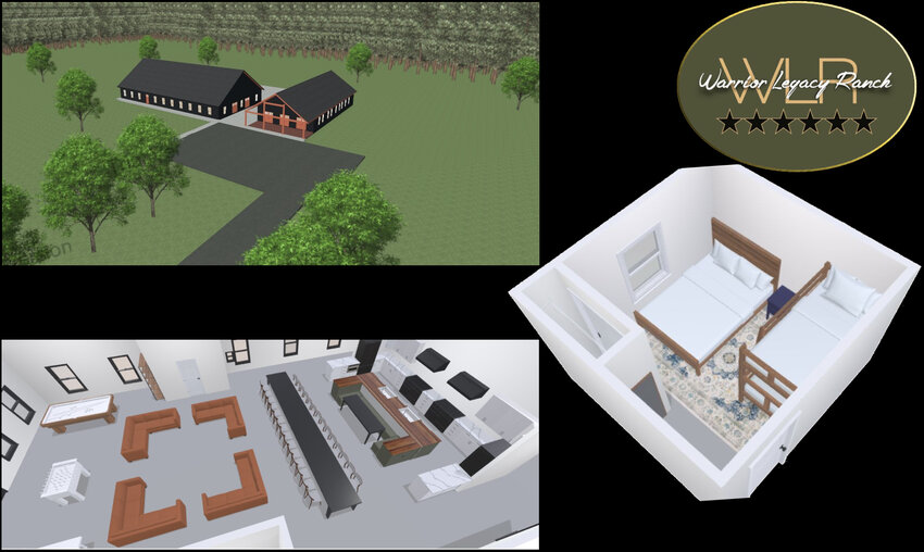 Digital depictions of the future Warrior Legacy Ranch facility, illustrating its accessible features and serene surroundings tailored to support veterans' mental health and well-being.