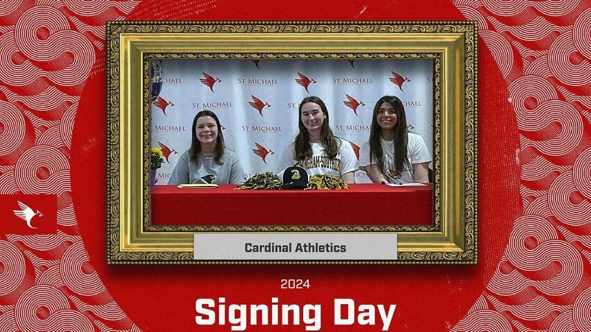 Anastasia Coumanis, Ava Bowie and Campbell Bailey sealed their college commitments during a signing ceremony at St. Michael Catholic High School on Wednesday, March 6. Coumanis is set to swim at Montevallo, Bowie signed to play volleyball at Birmingham Southern and Bailey cemented her pledge to play volleyball at Pearl River.
