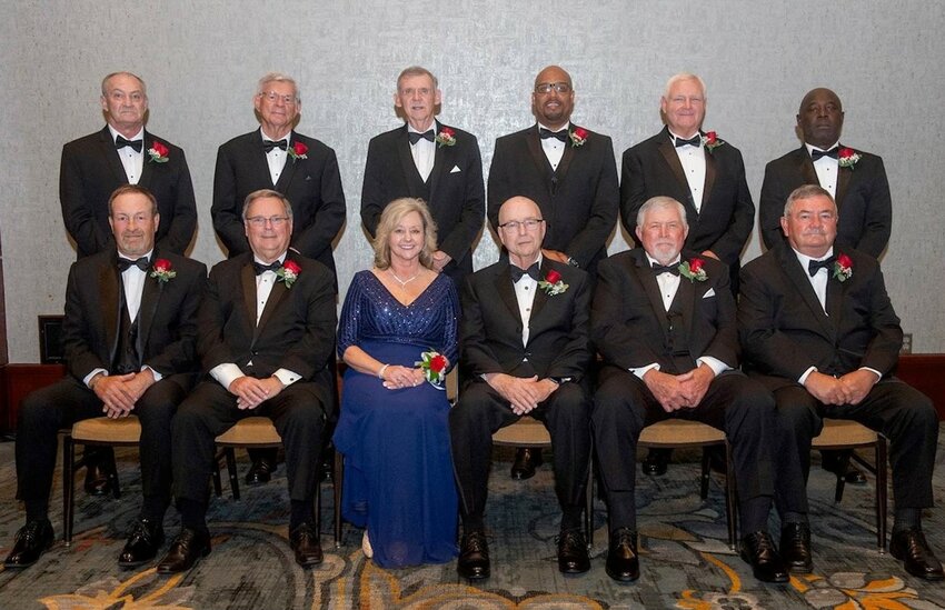 The Alabama High School Sports Hall of Fame&rsquo;s Class of 2024. Pictured from the left, in the front row, are Christopher Goodman, Dickey Wright, Kim Vickers, Thomas Kendall (son of inductee Frank &lsquo;Swede&rsquo; Kendall, deceased), Mike Boyd and Ron Nelson. In the back row, from the left, are Phillip Lolley, Rick Rhoades, Charles &lsquo;Chucky&rsquo; Miller, Jeff Torrence (son of inductee Cornell &lsquo;C.T&rsquo; Torrence), Perry Swindall and Eddie Brundidge.