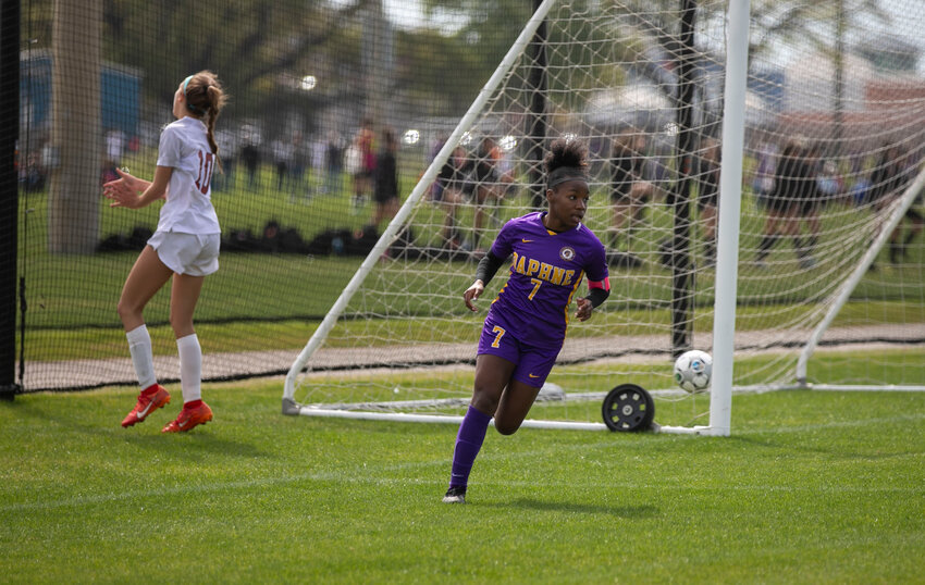 Daphne sophomore Haile Moorer peels away after one of her two goals that helped the Trojans beat Southside Gadsden 3-1 in pool play during the Southern Coast Cup at the Foley Sports Tourism Complex on Friday, March 22. Daphne went on to win Pool D with a 2-0-1 record on the weekend having outscored opponents 5-2.