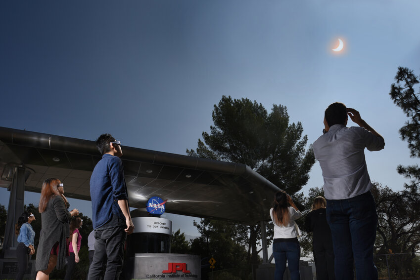 Employees and visitors at NASA's Jet Propulsion Laboratory stopped to watch the Aug. 21, 2017, solar eclipse.