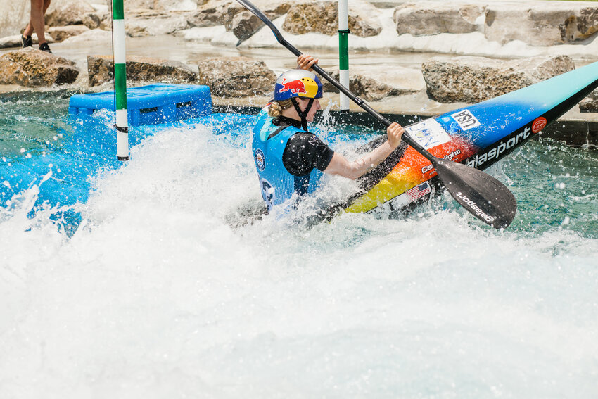 In the canoe slalom, athletes race through green gates for speed but must paddle upstream against the current for red gates.
