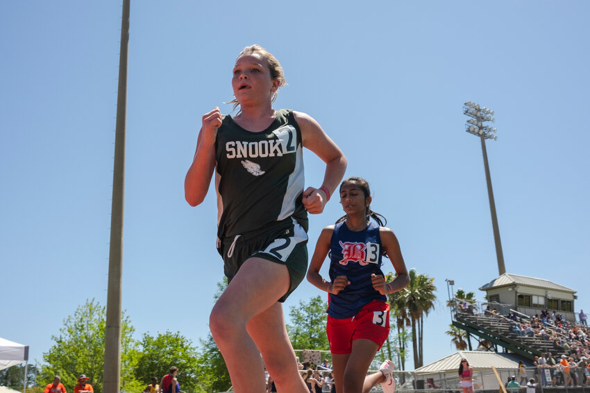 Snook Christian sophomore Tyler Shaffer eyes the front of the line as part of AISA state championship races in Gulf Shores Friday afternoon at Mickey Miller Blackwell Stadium. Shaffer earned 10th in the 1600-meter run, 12th in the 3200-meter run and took 20th in the 300-meter hurdles.
