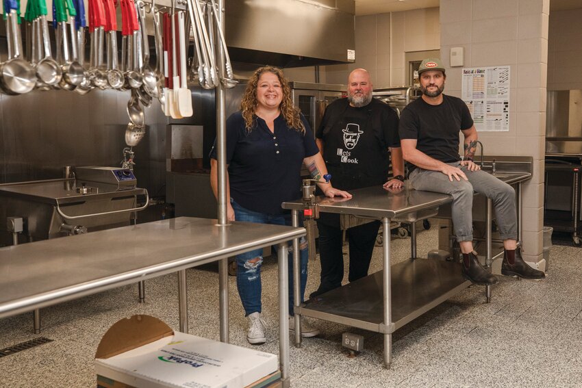 (From left) Jessica Sampley, career tech coordinator at Gulf Shores High School, Jason Hill, a chemistry teach at Gulf Shores and Chef Jonathan Kastner, co-owner of the Orange Beach-based Southern Chili Lab condiment company.