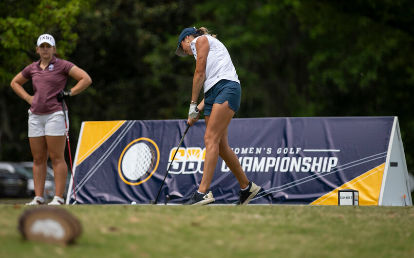 Georgia Southern freshman Louise Reau tees off on Hole 10 at Lakewood Golf Club in Point Clear as part of Round 3 action for the Sun Belt Conference Women&rsquo;s Golf Championship on Wednesday, April 17. After three days of stroke play, the Golden Eagles finished second in the team competition to secure a spot in Thursday&rsquo;s semifinals against the defending champion Louisiana-Monroe Warhawks.